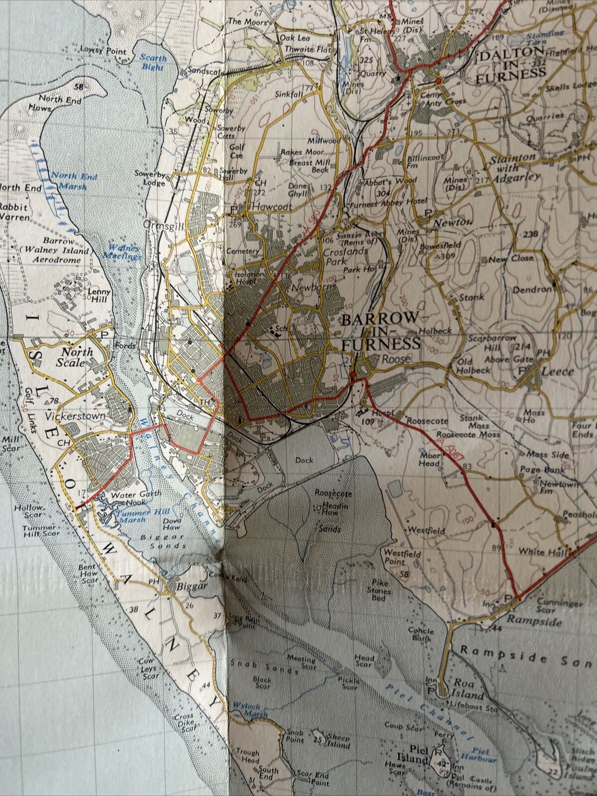 BARROW IN FURNESS Ordnance Survey Seventh Series CLOTH 1 Inch Map Sheet 88 1955