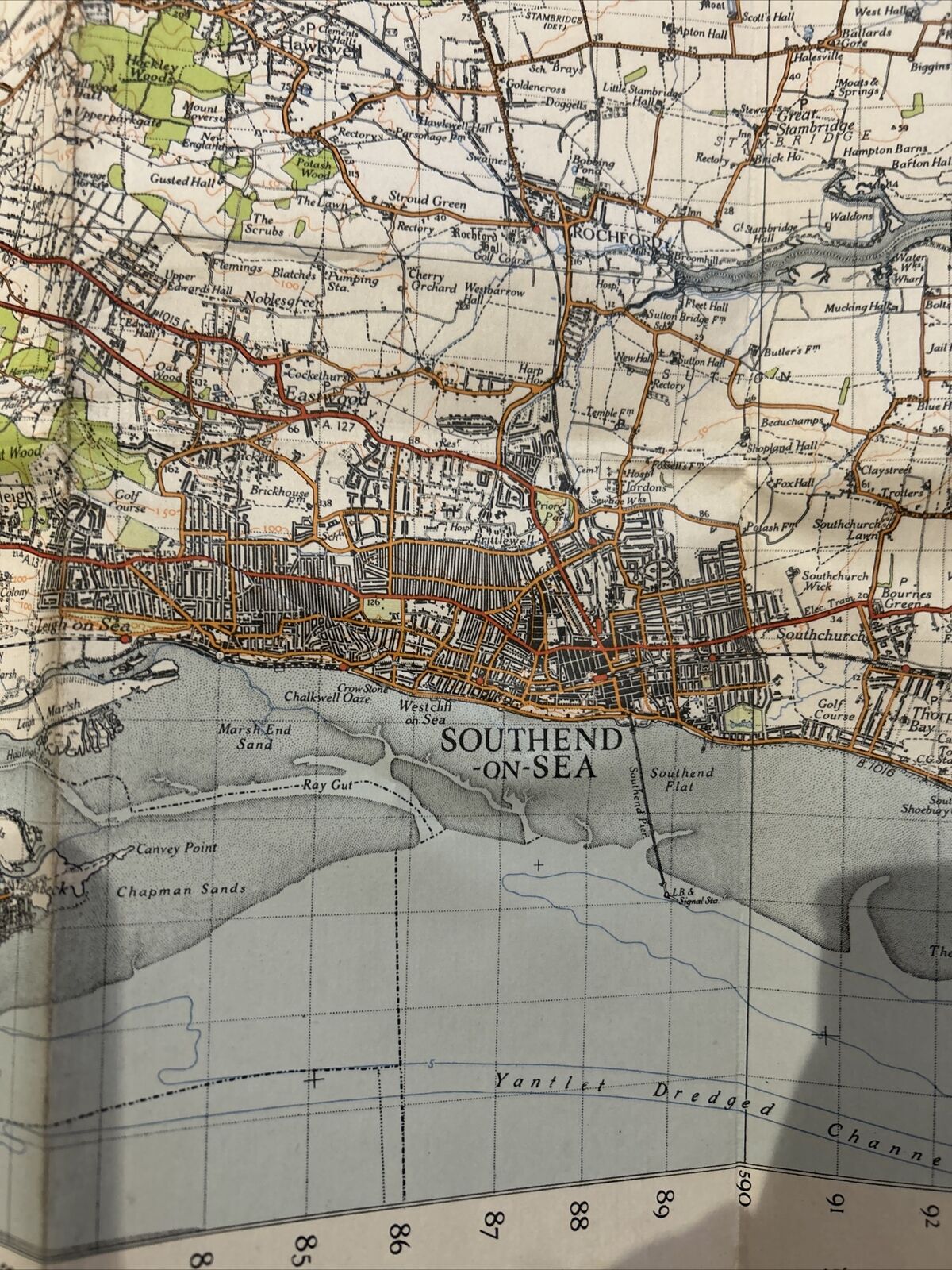 SOUTHEND ON SEA Ordnance Survey Cloth One Inch Map 1945 Sixth Edition Sheet 162