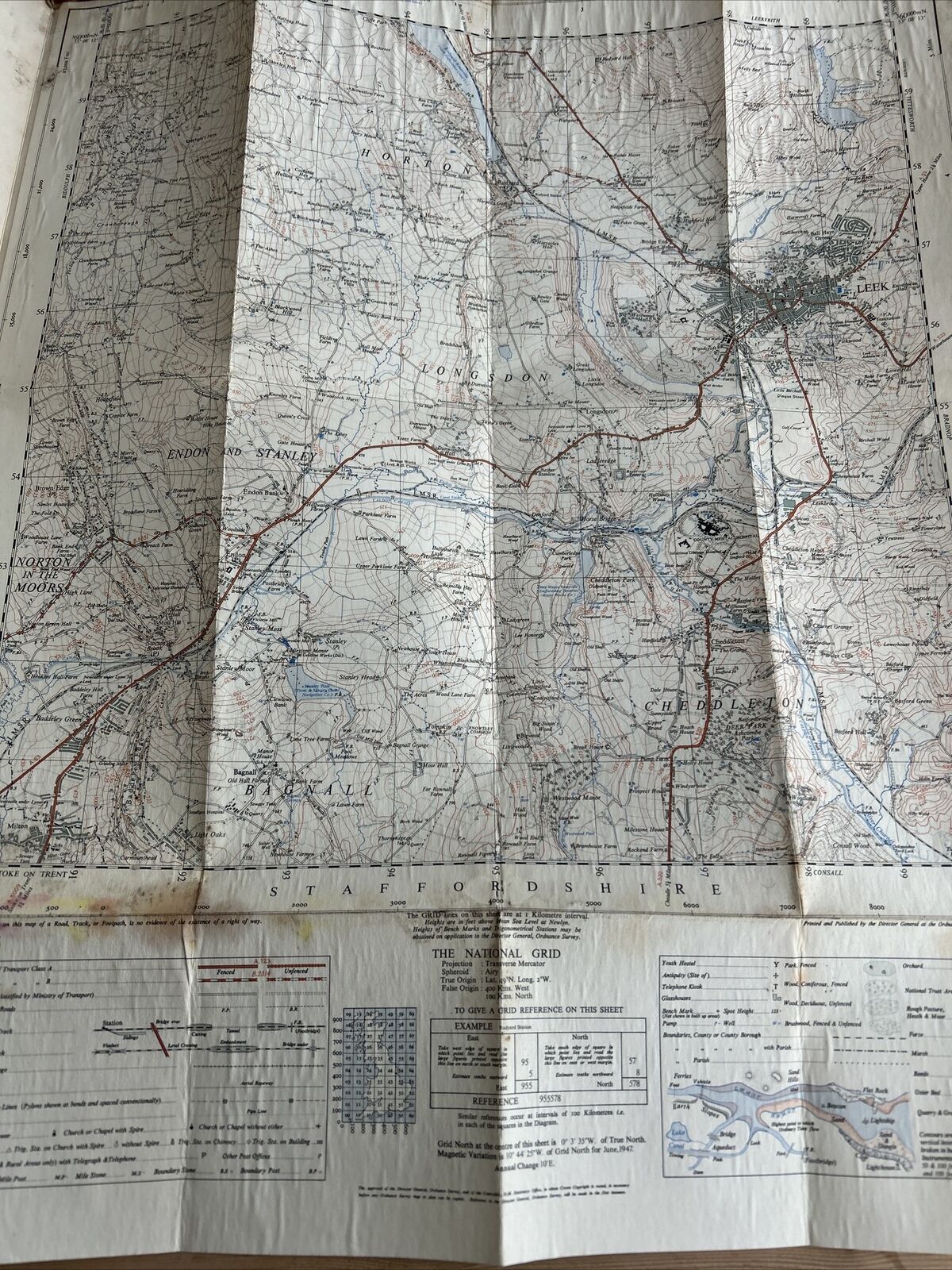 LEEK Ordnance Survey CLOTH Sheet 33/95 1:25000 1947 Rudyard