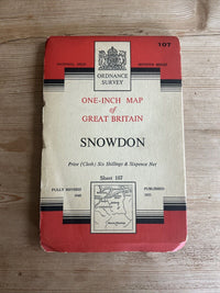 SNOWDON Ordnance Survey CLOTH Seventh Series Map One Inch 1953 Sheet 107 Pentir