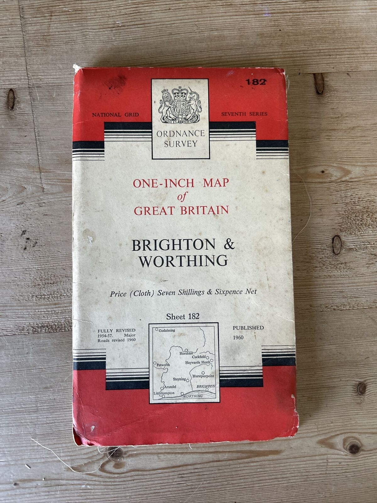 BRIGHTON & WORTHING Cloth Ordnance Survey 7th Series 1 Inch Map 1960 Crawley