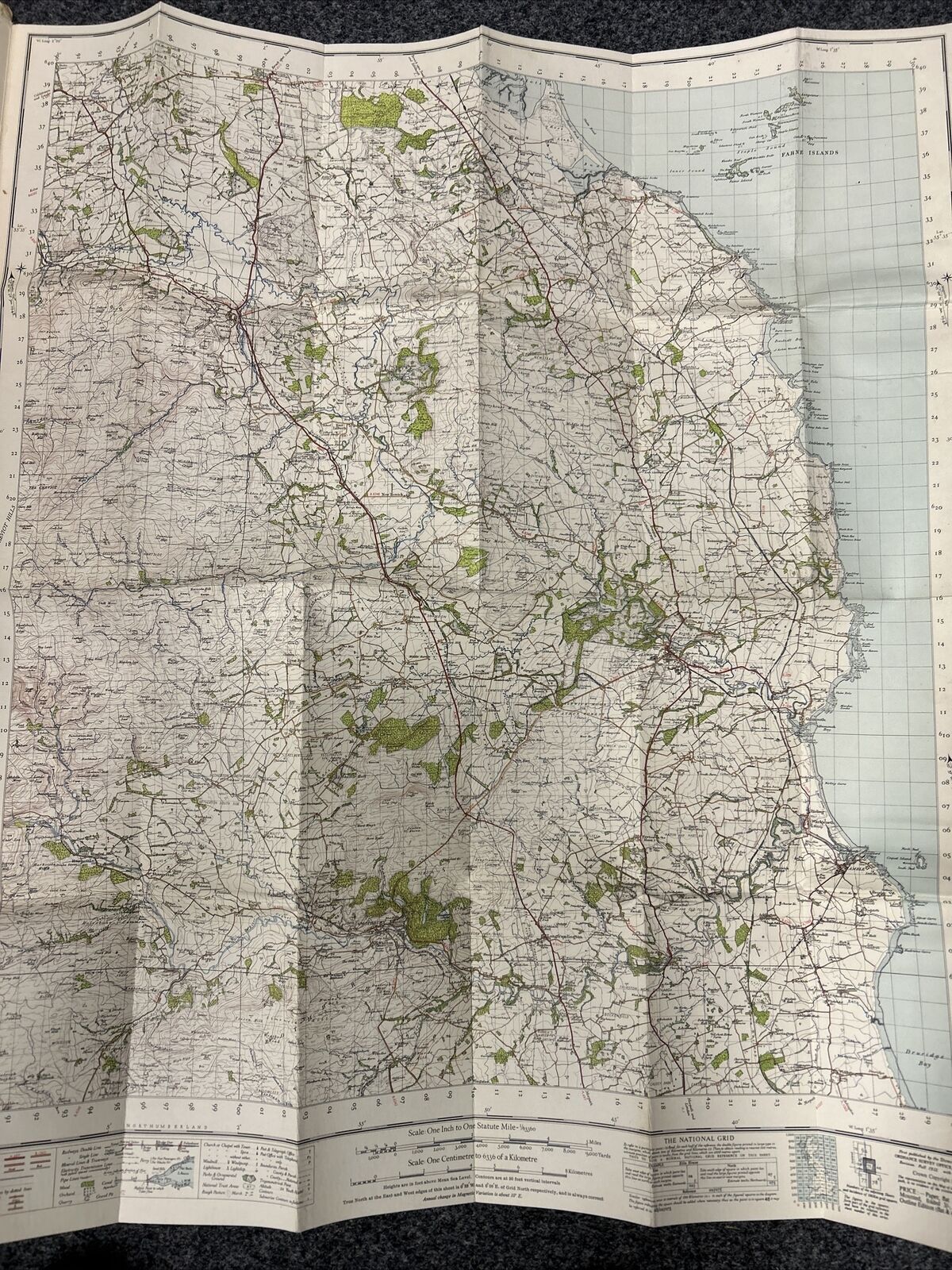 ALNWICK Ordnance Survey Cloth One Inch Map 1947 Sixth Edition Sheet 71 Coquet Is