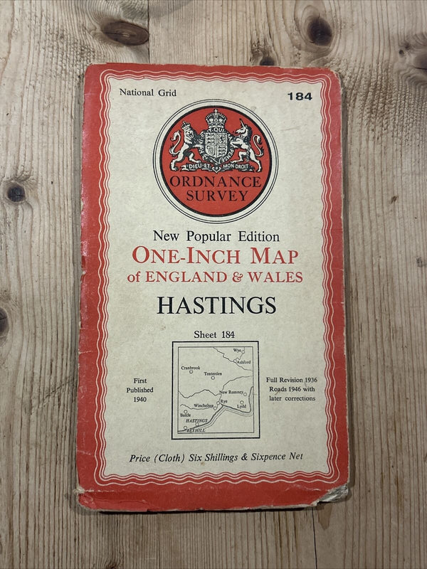 HASTINGS Ordnance Survey Cloth One Inch Map 1940 Sixth Edition Sheet 184 Rye