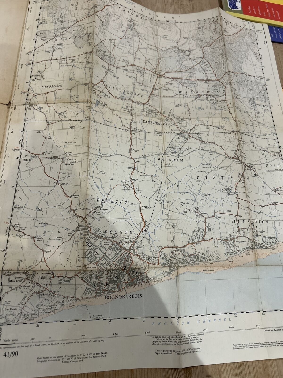 BOGNOR REGIS Ordnance Survey CLOTH Sheet 41/90 1:25000 1949 Yapton Oving