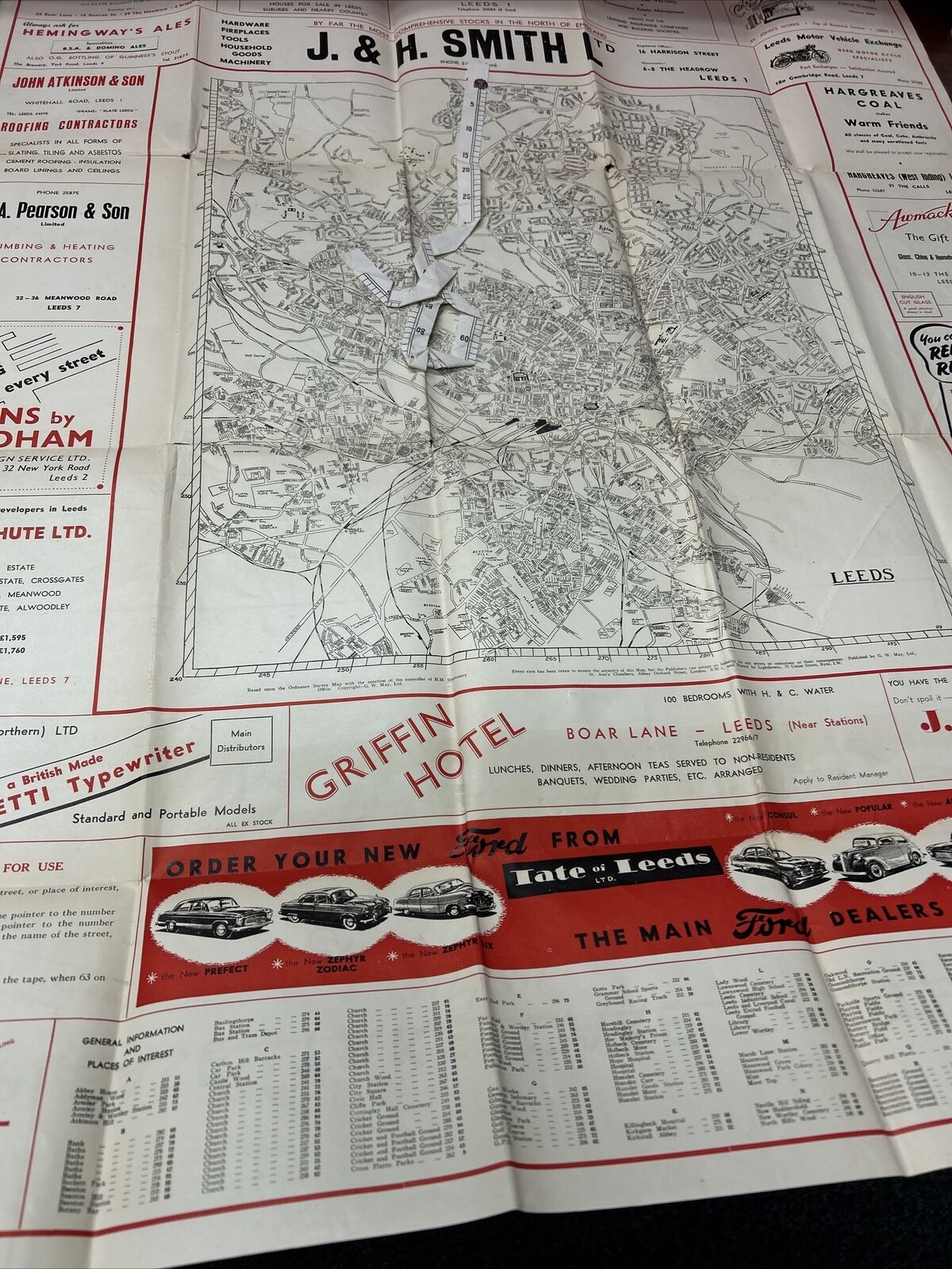 LEEDS Old Pointer Map With Many Adverts Possibly 1950s? West Yorkshire