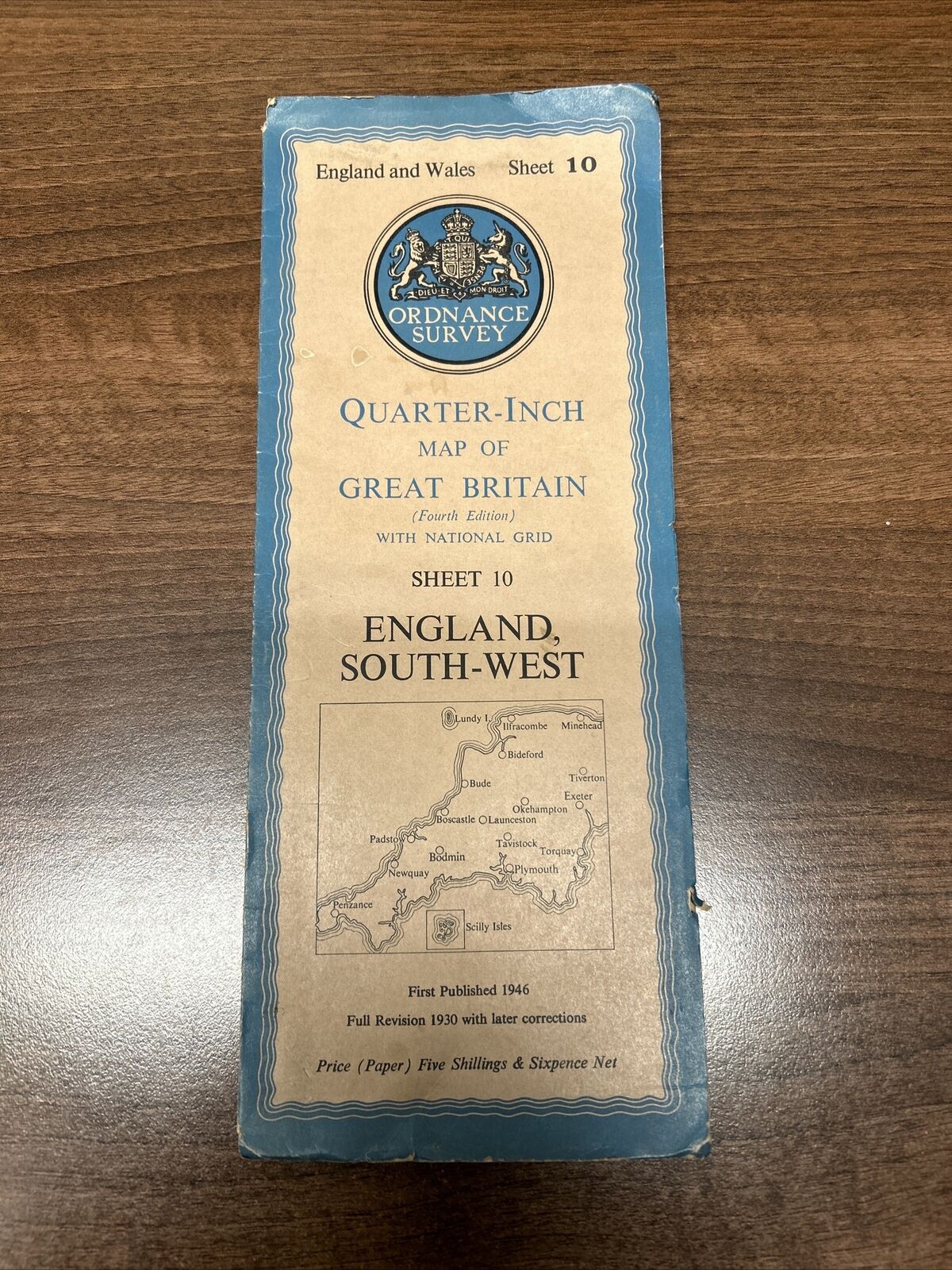 ENGLAND SOUTH-WEST Ordnance Survey Paper Sheet 10 Quarter Inch Map 4th Ed 1946