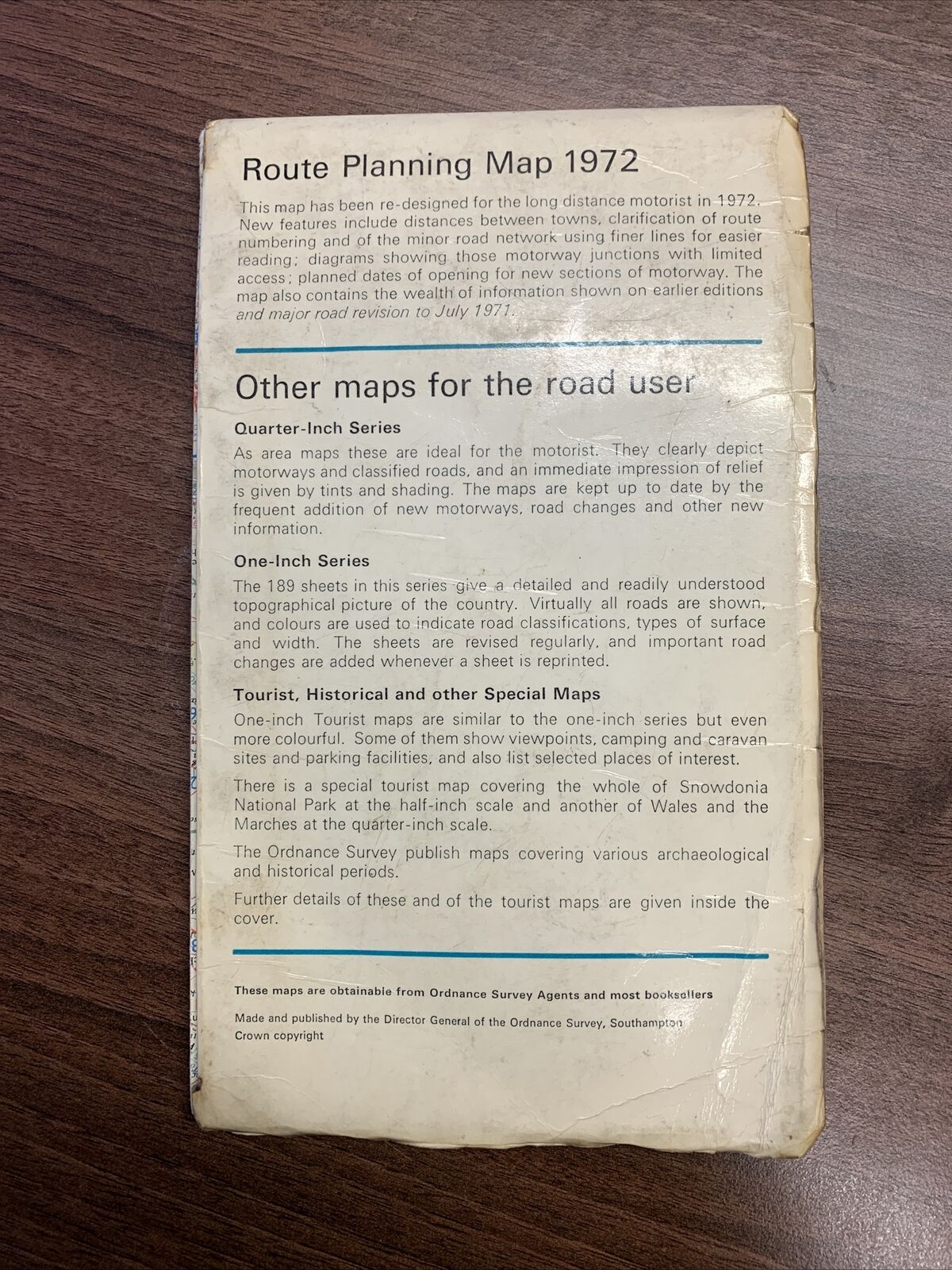 1972 Ordnance Survey Route Planning Map - South Sheet Ten Miles To Inch Tatty