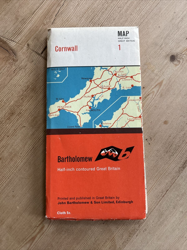 CORNWALL Bartholomew - Half Inch Cloth Map 1962 No 1 St Ives Bodmin