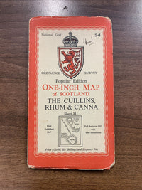 THE CUILLINS RHUM & CANNA Cloth Ordnance Survey 1 Inch map Scotland No 34 1947