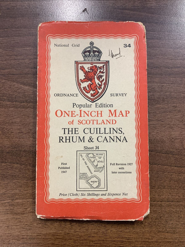 THE CUILLINS RHUM & CANNA Cloth Ordnance Survey 1 Inch map Scotland No 34 1947