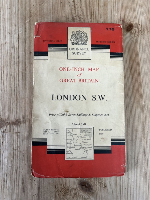 LONDON S W 1959 CLOTH Ordnance Survey One Inch Map No 170 Guildford 7th Series