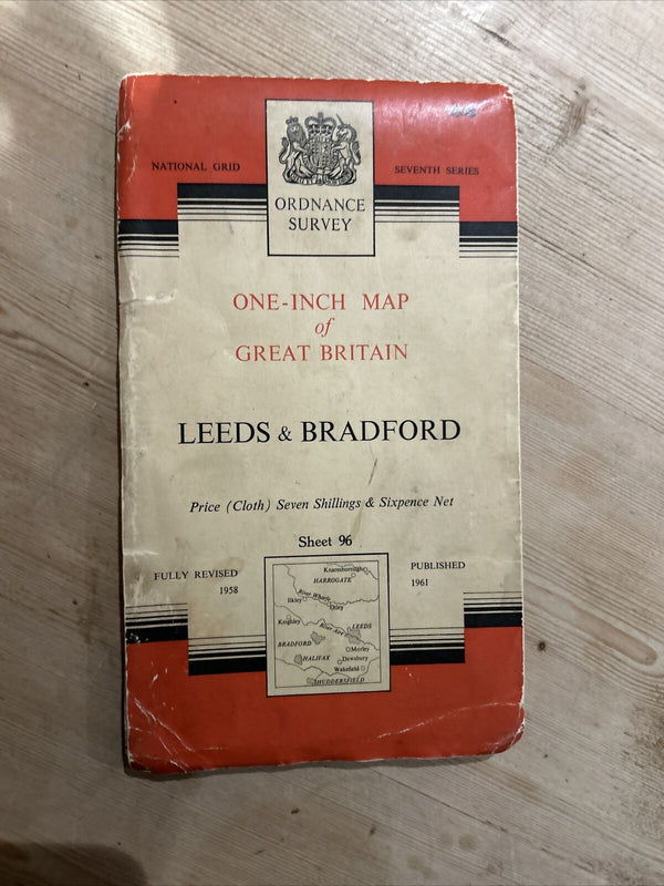 LEEDS & BRADFORD Ordnance Survey Seventh Series CLOTH 1 Inch Map Sheet 96 1961