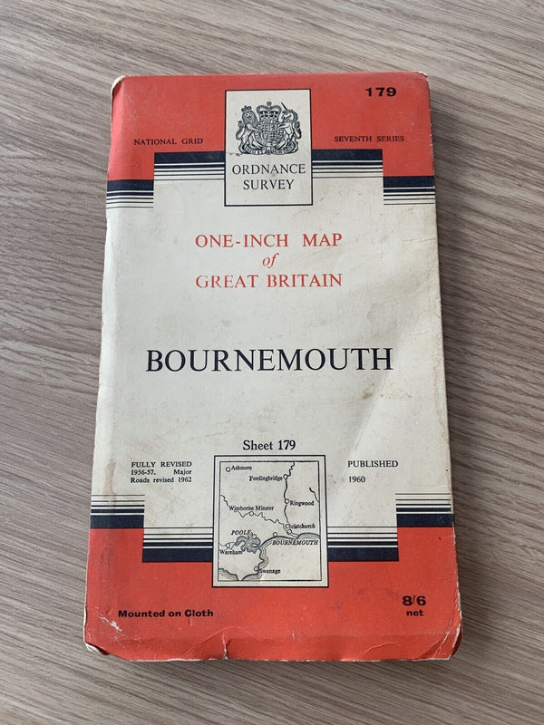 Vintage Ordnance Survey Seventh Series CLOTH 1-inch BOURNEMOUTH - 1962 Sheet 179