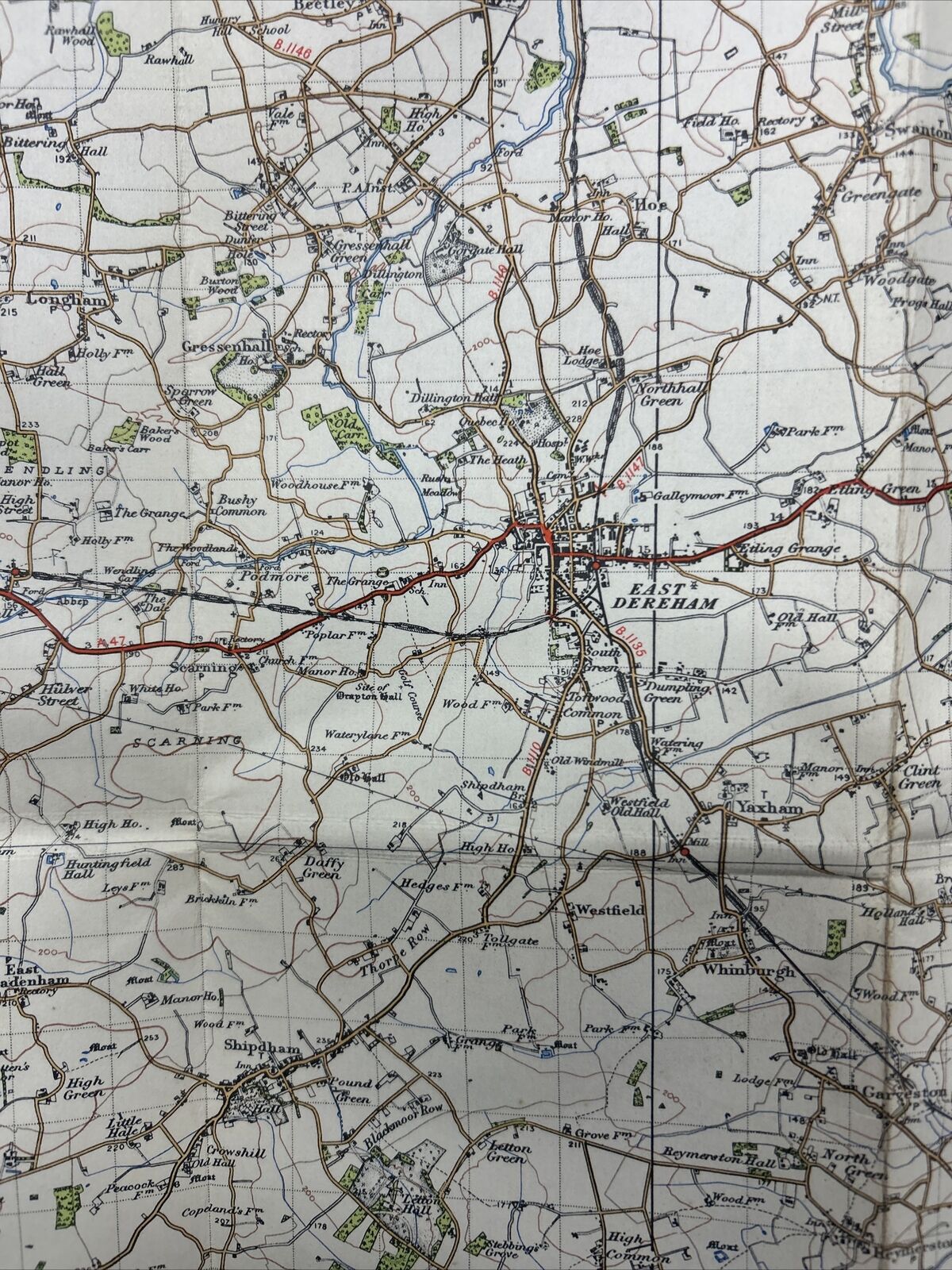 FAKENHAM Ordnance Survey Cloth One Inch Map 1946 Sixth Edition Sheet 125 Reepham