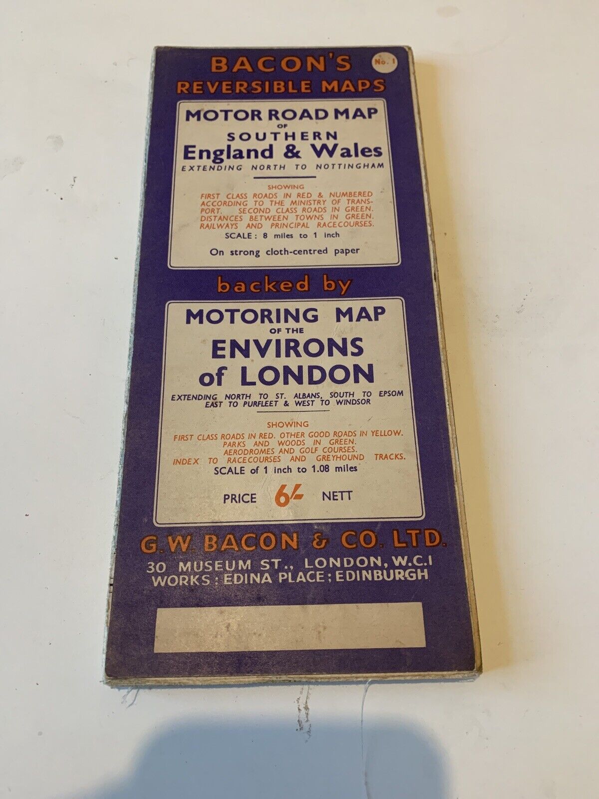 Bacons Reversible Map London & Southern England & Wales 1949 Linen