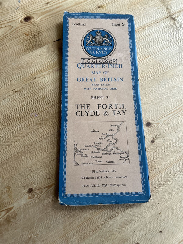 THE FORTH CLYDE & TAY Ordnance Survey CLOTH Sheet 3 Quarter Inch Map 4th Ed 1945