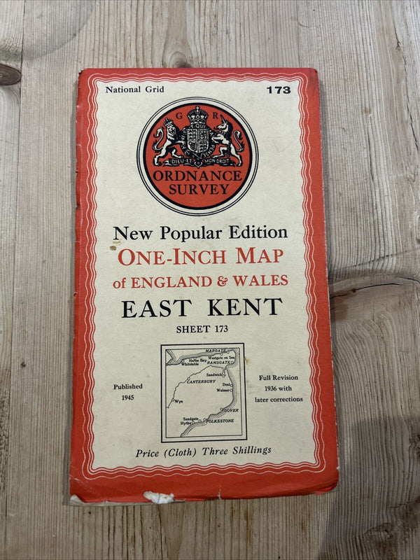 EAST KENT Ordnance Survey Cloth One Inch Map 1945 Sixth Edition Sheet 173 Deal