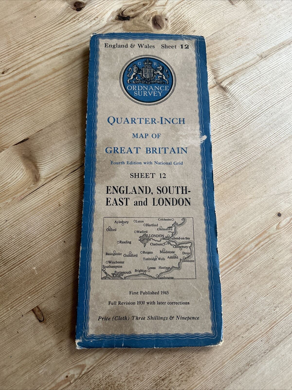 ENGLAND SOUTH EAST & London Ordnance Survey CLOTH Sh 1 Qu. In Map 4th Ed 1945