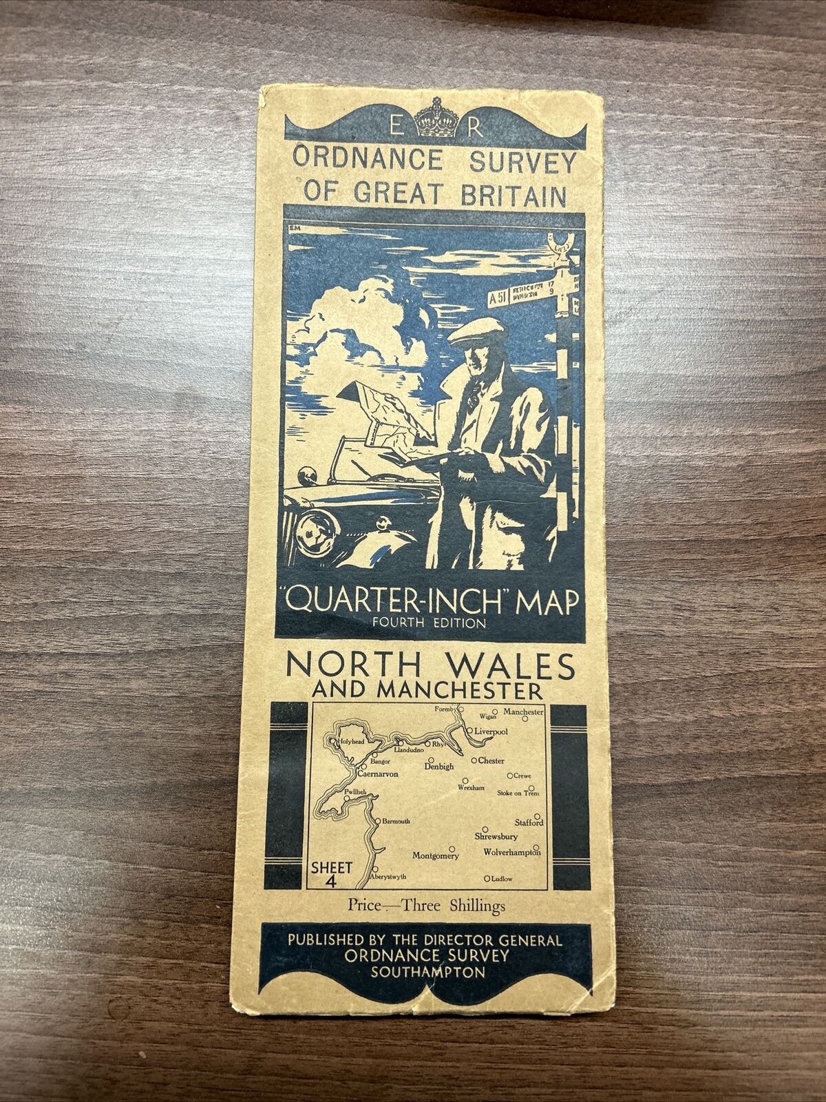 NORTH WALES & MANCHESTER 1935 Ordnance Survey CLOTH Sheet 4 Quarter Inch Map