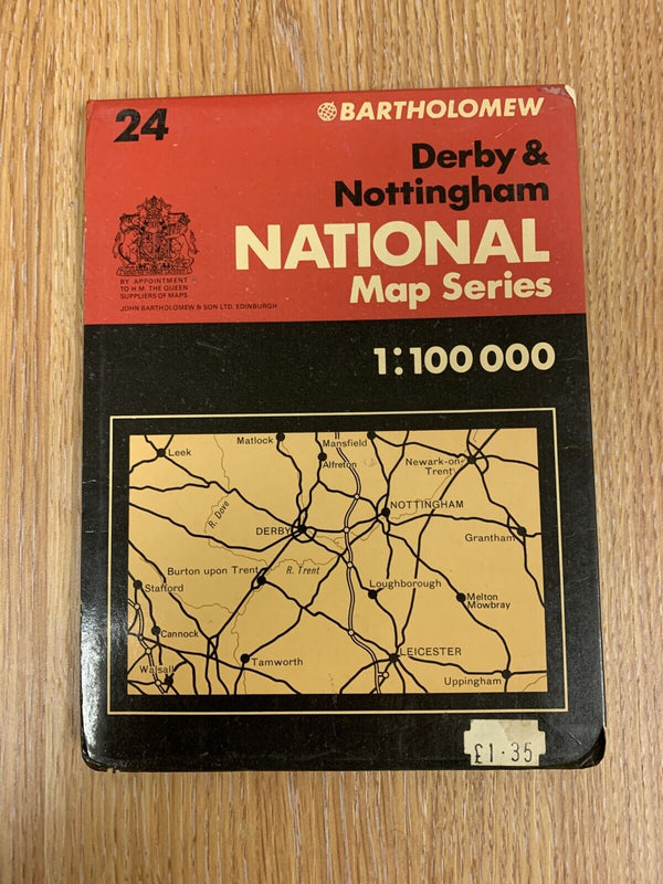 DERBY & NOTTINGHAM - Bartholomew National Map Series No 24 - 1976 Leicester