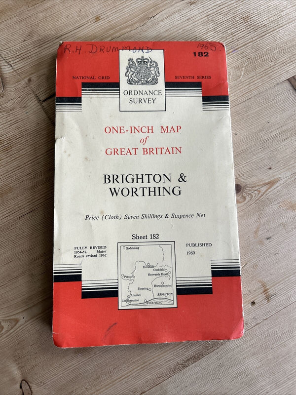 BRIGHTON & WORTHING Ordnance Survey Seventh Series Cloth One inch 1960 Sheet 182