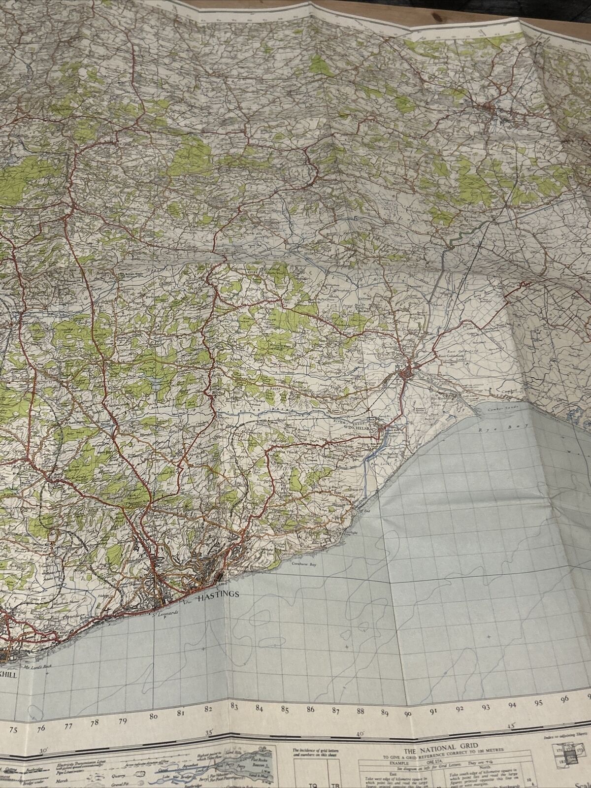 HASTINGS Ordnance Survey Cloth One Inch Map 1940 Sixth Edition Sheet 184 Rye