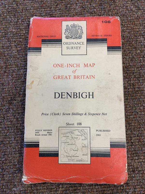 Denbigh Wales Ordnance Survey Seventh Series Cloth 1 inch 1962 Sheet 108 Rhyl