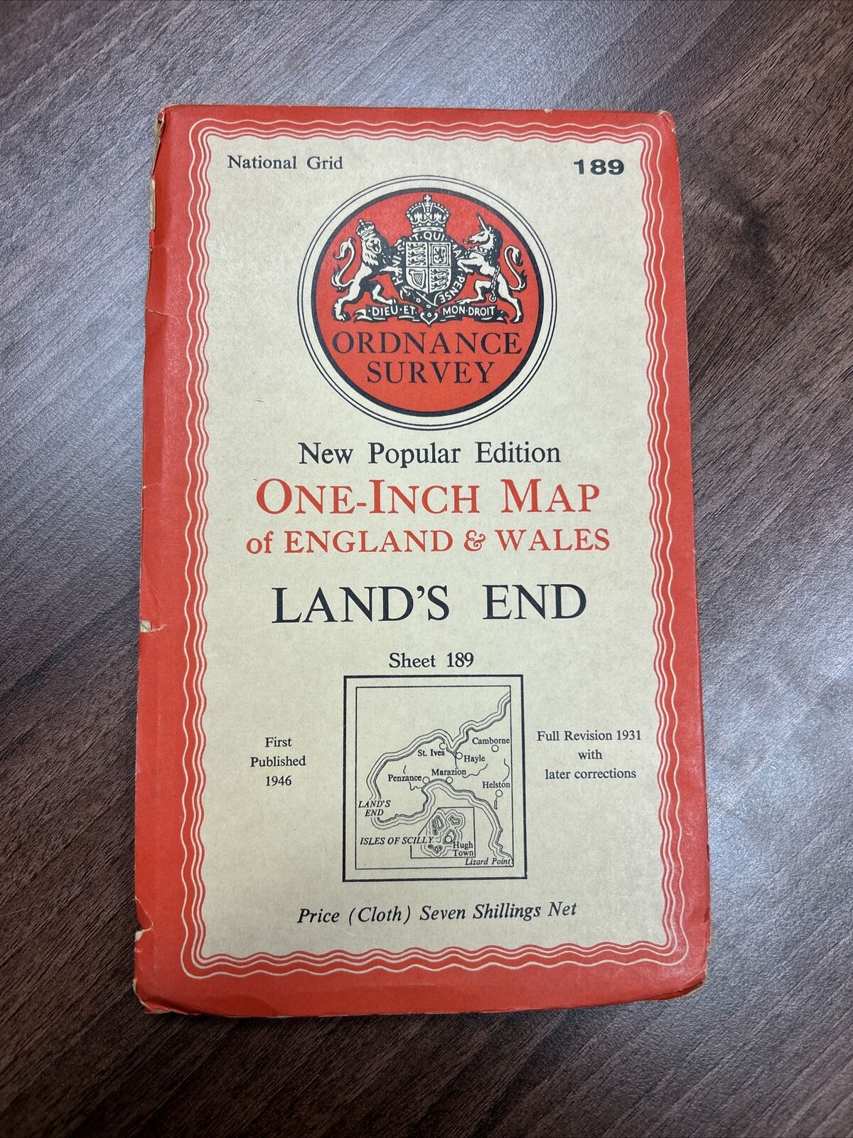 LANDS END - Ordnance Survey Cloth 6th Series 1-inch 1946 Sheet 189 Cornwall