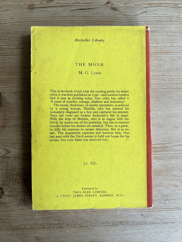 THE MONK M G Lewis - Bestseller Library Picture Cover 1960 Horror