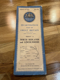 NORTH MIDLANDS LINCS 1946 Ordnance Survey CLOTH Sheet 6 Quarter Inch Map