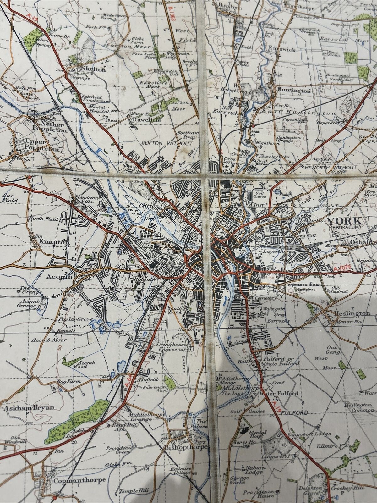 YORK Ordnance Survey Cloth One Inch Map 1947 Sixth Edition Sheet 97 Dissected