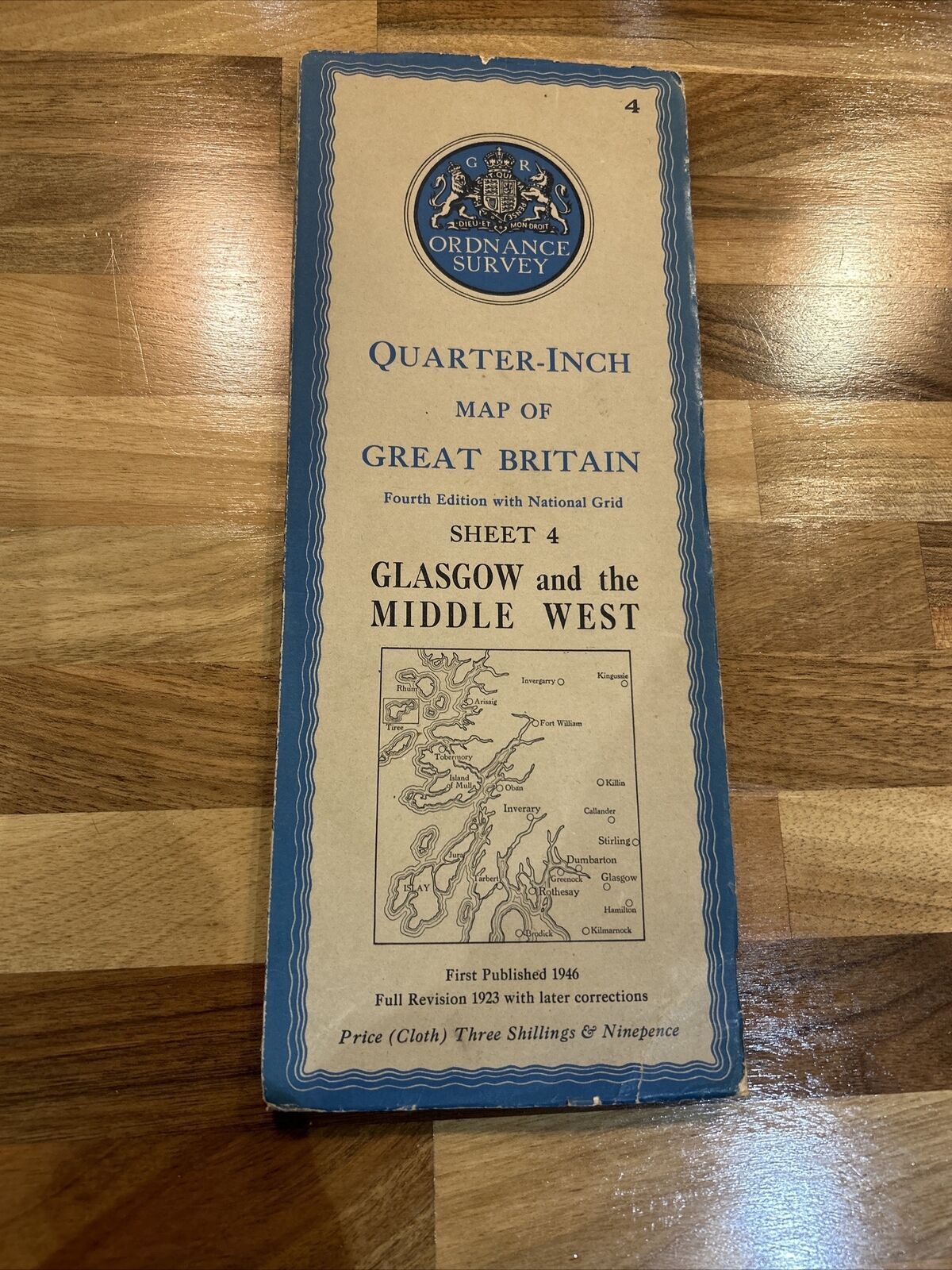 GLASGOW And The MIDDLE WEST 1946 Ordnance Survey CLOTH Sheet 4 Quarter Inch Map