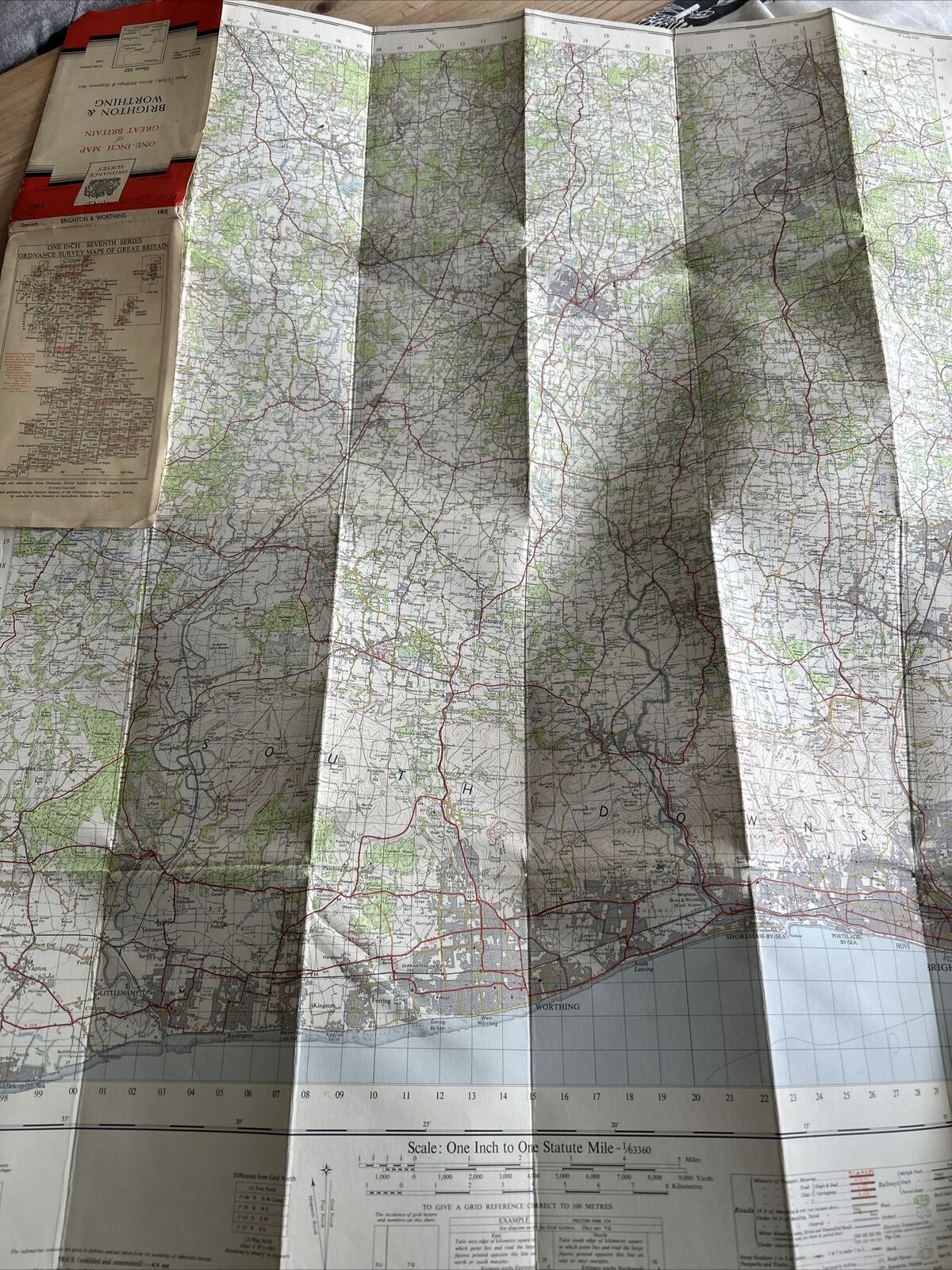 BRIGHTON & WORTHING Ordnance Survey Seventh Series Cloth One inch 1960 Sheet 182