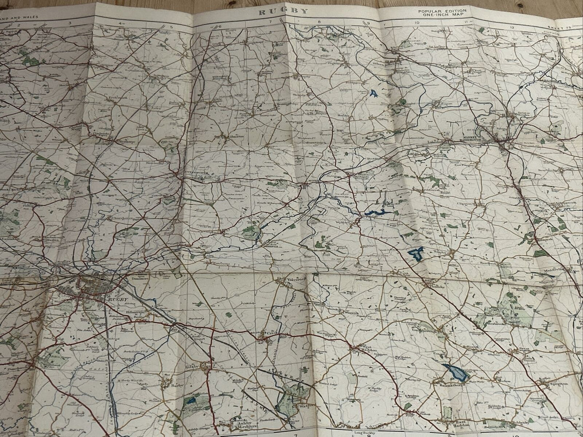 RUGBY Ordnance Survey Cloth One Inch Map 1920 No 73 Contoured Market Harborough