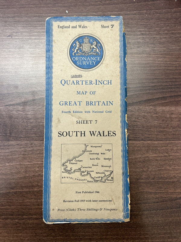 SOUTH WALES 1946 Ordnance Survey CLOTH Sheet 7 Quarter Inch Map Fourth Edition