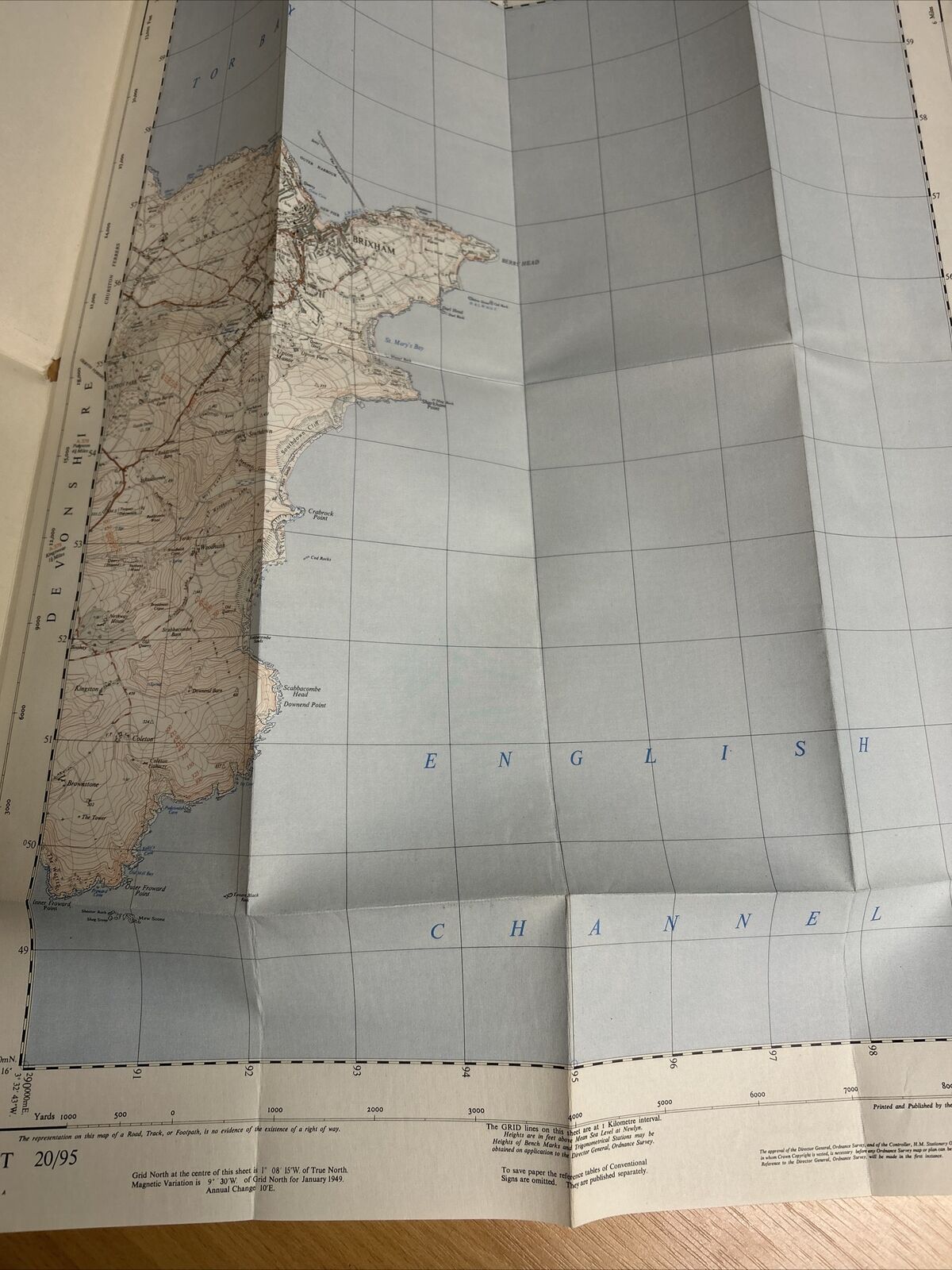 BRIXHAM Ordnance Survey CLOTH 1:25,000 National Grid Sheet 20/95 1949